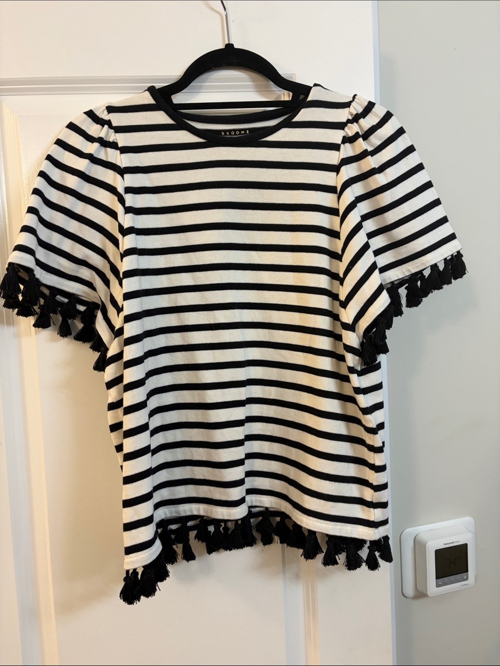 Black and White Striped Short Sleeve Tee with Tassel Trim